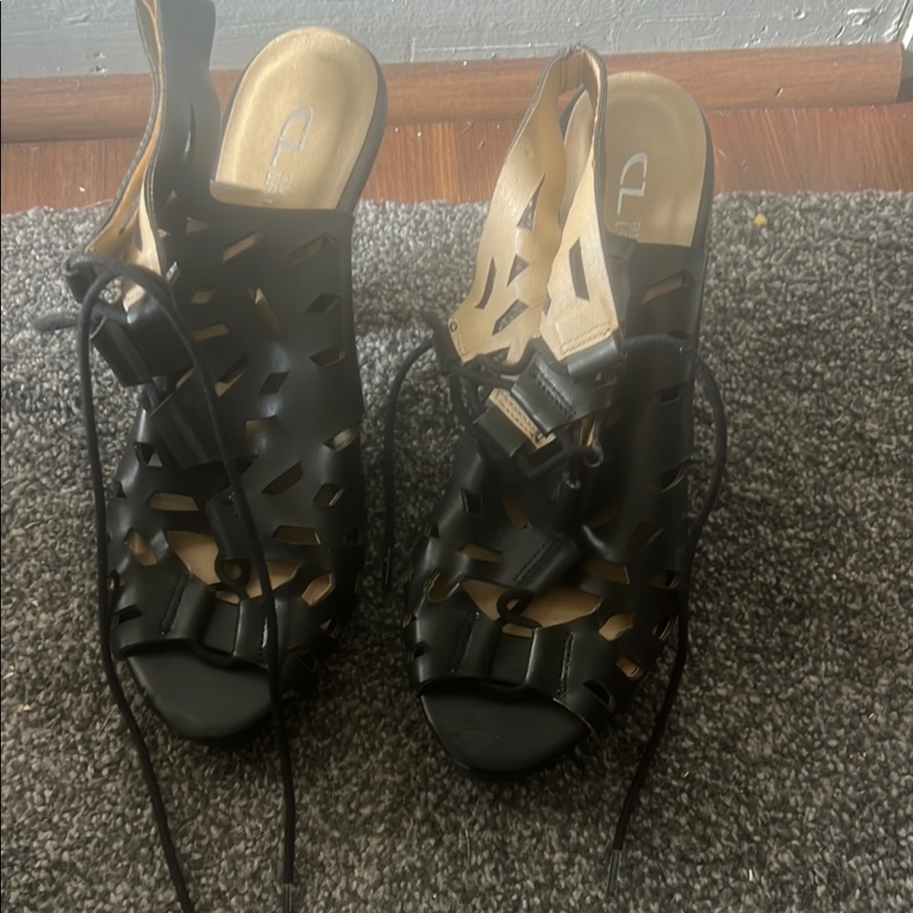 Aldo Black Sandals with Interwoven Straps and Chunky Heel